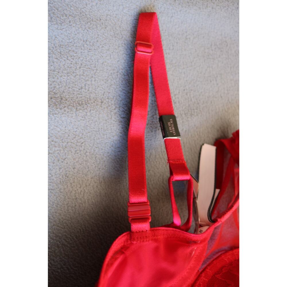 Victoria’s Secret PINK Bra 36D Red Lace Adjustable Clip Strap Lingerie Floral - Picture 7 of 8